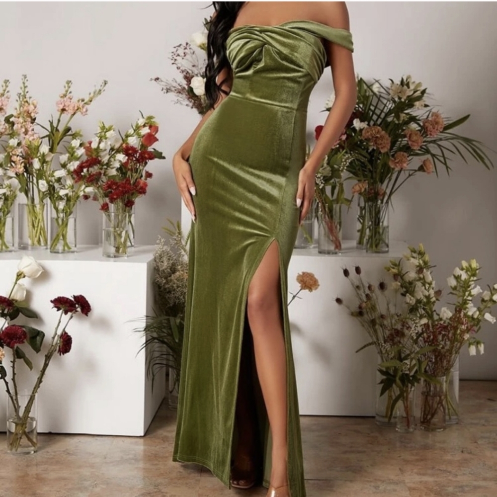 Green Velvet Off Shoulder Gown - Gem Green Velvet Off Shoulder Gown - Gem